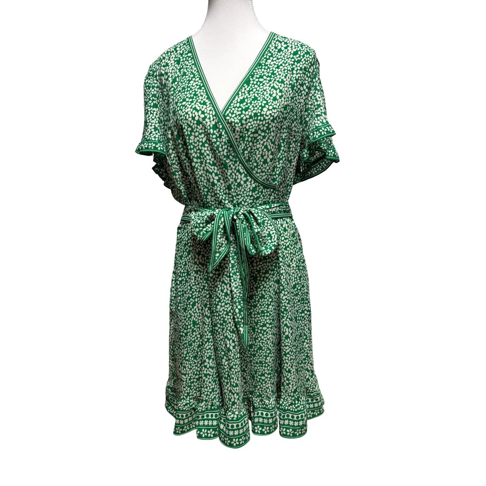 Max Studio Green White Floral Wrap Dress Pockets Smocked Back XLP Petite